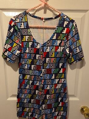 Multicolor Double F Aesthetic Logo-Print Short Sleeve Women's Shorts Jumpsuit.